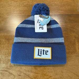 NWT  x Miller Lite Navy Striped Pom Beanie